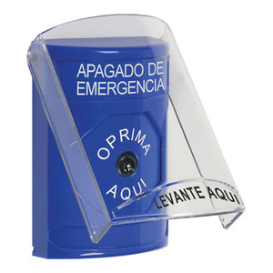 SS24A0PO-ES STI Blue Indoor Only Flush or Surface w/ Horn Key-to-Reset Stopper Station with EMERGENCY POWER OFF Label Spanish