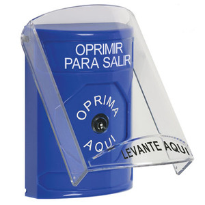 SS24A0PX-ES STI Blue Indoor Only Flush or Surface w/ Horn Key-to-Reset Stopper Station with PUSH TO EXIT Label Spanish