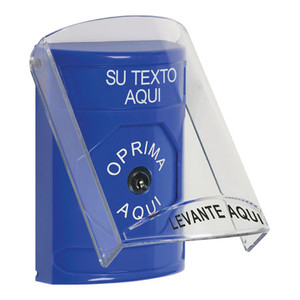 SS24A0ZA-ES STI Blue Indoor Only Flush or Surface w/ Horn Key-to-Reset Stopper Station with Non-Returnable Custom Text Label Spanish