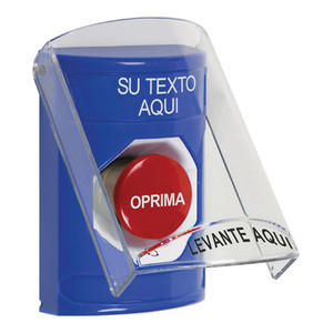 SS24A1ZA-ES STI Blue Indoor Only Flush or Surface w/ Horn Turn-to-Reset Stopper Station with Non-Returnable Custom Text Label Spanish