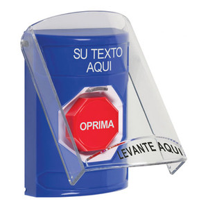 SS24A2ZA-ES STI Blue Indoor Only Flush or Surface w/ Horn Key-to-Reset (Illuminated) Stopper Station with Non-Returnable Custom Text Label Spanish
