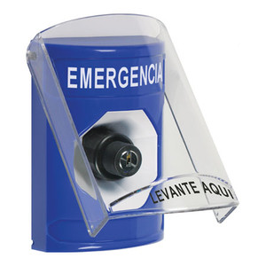 SS24A3EM-ES STI Blue Indoor Only Flush or Surface w/ Horn Key-to-Activate Stopper Station with EMERGENCY Label Spanish