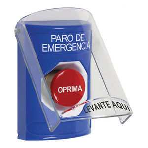 SS24A4ES-ES STI Blue Indoor Only Flush or Surface w/ Horn Momentary Stopper Station with EMERGENCY STOP Label Spanish