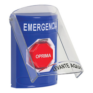 SS24A5EM-ES STI Blue Indoor Only Flush or Surface w/ Horn Momentary (Illuminated) Stopper Station with EMERGENCY Label Spanish