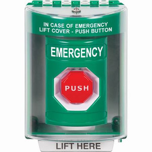 SS2182EM-EN STI Green Indoor/Outdoor Surface w/ Horn Key-to-Reset (Illuminated) Stopper Station with EMERGENCY Label English