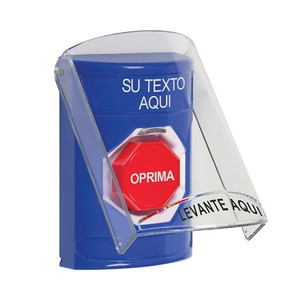 SS24A5ZA-ES STI Blue Indoor Only Flush or Surface w/ Horn Momentary (Illuminated) Stopper Station with Non-Returnable Custom Text Label Spanish