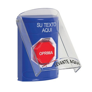 SS24A9ZA-ES STI Blue Indoor Only Flush or Surface w/ Horn Turn-to-Reset (Illuminated) Stopper Station with Non-Returnable Custom Text Label Spanish
