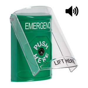 SS21A0EM-EN STI Green Indoor Only Flush or Surface w/ Horn Key-to-Reset Stopper Station with EMERGENCY Label English