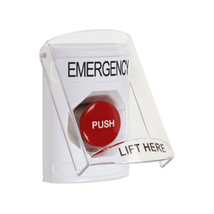 SS2321EM-EN STI White Indoor Only Flush or Surface Turn-to-Reset Stopper Station with EMERGENCY Label English