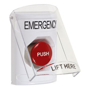 SS2324EM-EN STI White Indoor Only Flush or Surface Momentary Stopper Station with EMERGENCY Label English