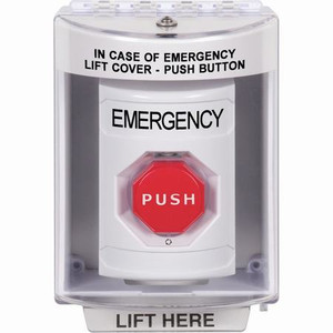 SS2379EM-EN STI White Indoor/Outdoor Surface Turn-to-Reset (Illuminated) Stopper Station with EMERGENCY Label English