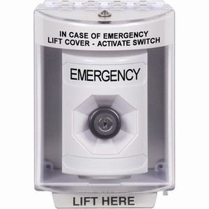 SS2383EM-EN STI White Indoor/Outdoor Surface w/ Horn Key-to-Activate Stopper Station with EMERGENCY Label English