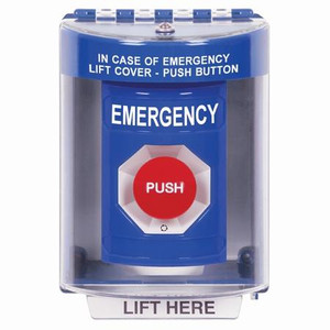 SS2471EM-EN STI Blue Indoor/Outdoor Surface Turn-to-Reset Stopper Station with EMERGENCY Label English
