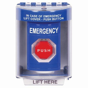 SS2478EM-EN STI Blue Indoor/Outdoor Surface Pneumatic (Illuminated) Stopper Station with EMERGENCY Label English