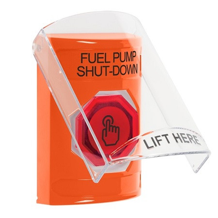 SS25A7PS-EN STI Orange Indoor Only Flush or Surface w/ Horn Weather Resistant Momentary (Illuminated) with Orange Lens Stopper Station with FUEL PUMP SHUT DOWN Label English