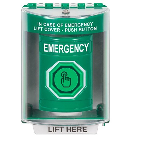 SS2187EM-EN STI Green Indoor/Outdoor Surface w/ Horn Weather Resistant Momentary (Illuminated) with Green Lens Stopper Station with EMERGENCY Label English