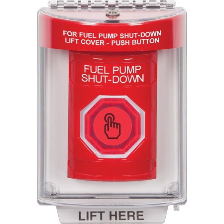 SS2037PS-EN STI Red Indoor/Outdoor Flush Weather Resistant Momentary (Illuminated) with Red Lens Stopper Station with FUEL PUMP SHUT DOWN Label English