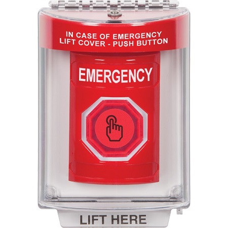 SS2047EM-EN STI Red Indoor/Outdoor Flush w/ Horn Weather Resistant Momentary (Illuminated) with Red Lens Stopper Station with EMERGENCY Label English