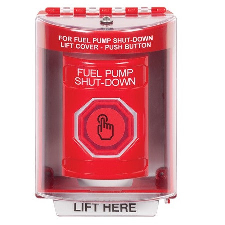 SS2077PS-EN STI Red Indoor/Outdoor Surface Weather Resistant Momentary (Illuminated) with Red Lens Stopper Station with FUEL PUMP SHUT DOWN Label English