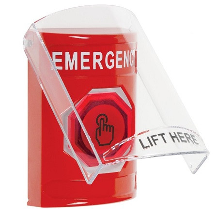 SS20A7EM-EN STI Red Indoor Only Flush or Surface w/ Horn Weather Resistant Momentary (Illuminated) with Red Lens Stopper Station with EMERGENCY Label English