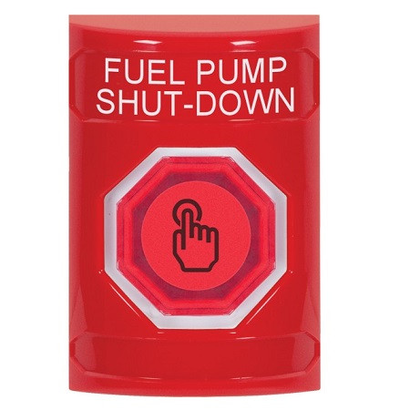SS2006PS-EN STI Red No Cover Momentary (Illuminated) with Red Lens Stopper Station with FUEL PUMP SHUT DOWN Label English