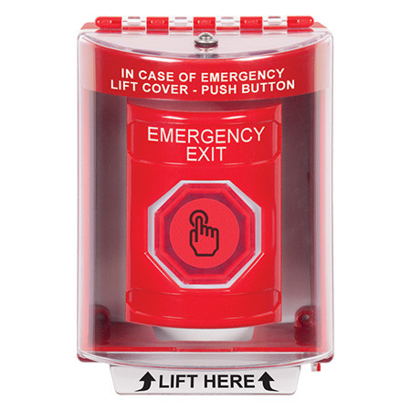 SS2086EX-EN STI Red Indoor/Outdoor Surface w/ Horn Momentary (Illuminated) with Red Lens Stopper Station with EMERGENCY EXIT Label English