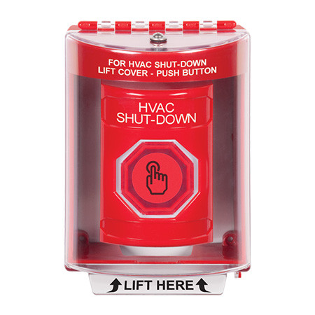 SS2086HV-EN STI Red Indoor/Outdoor Surface w/ Horn Momentary (Illuminated) with Red Lens Stopper Station with HVAC SHUT DOWN Label English