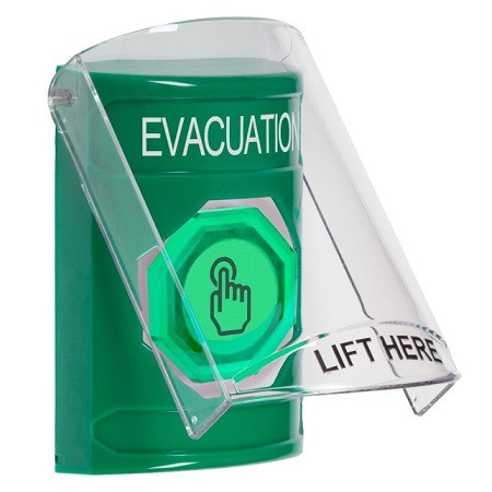 SS2127EV-EN STI Green Indoor Only Flush or Surface Weather Resistant Momentary (Illuminated) with Green Lens Stopper Station with EVACUATION Label English