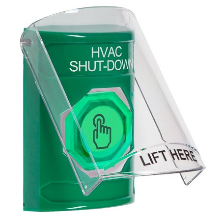 SS2126HV-EN STI Green Indoor Only Flush or Surface Momentary (Illuminated) with Green Lens Stopper Station with HVAC SHUT DOWN Label English