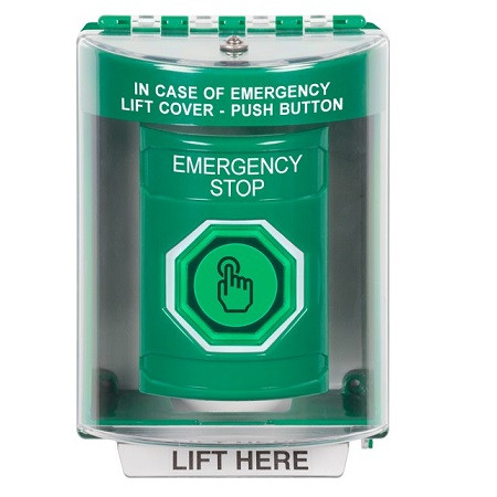 SS2187ES-EN STI Green Indoor/Outdoor Surface w/ Horn Weather Resistant Momentary (Illuminated) with Green Lens Stopper Station with EMERGENCY STOP Label English