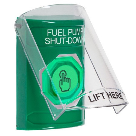SS21A7PS-EN STI Green Indoor Only Flush or Surface w/ Horn Weather Resistant Momentary (Illuminated) with Green Lens Stopper Station with FUEL PUMP SHUT DOWN Label English