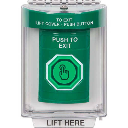 SS2146PX-EN STI Green Indoor/Outdoor Flush w/ Horn Momentary (Illuminated) with Green Lens Stopper Station with PUSH TO EXIT Label English