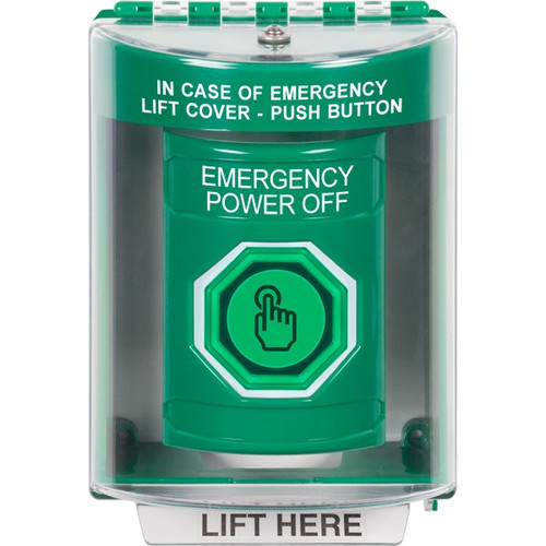 SS2176PO-EN STI Green Indoor/Outdoor Surface Momentary (Illuminated) with Green Lens Stopper Station with EMERGENCY POWER OFF Label English