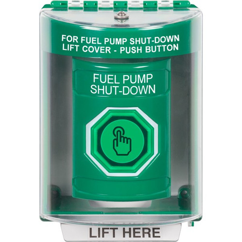 SS2176PS-EN STI Green Indoor/Outdoor Surface Momentary (Illuminated) with Green Lens Stopper Station with FUEL PUMP SHUT DOWN Label English