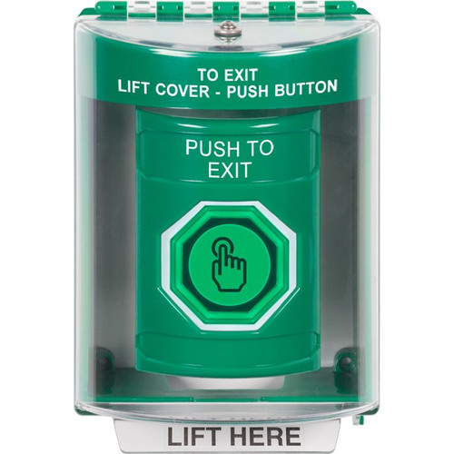 SS2176PX-EN STI Green Indoor/Outdoor Surface Momentary (Illuminated) with Green Lens Stopper Station with PUSH TO EXIT Label English