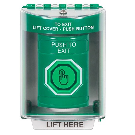 SS2186PX-EN STI Green Indoor/Outdoor Surface w/ Horn Momentary (Illuminated) with Green Lens Stopper Station with PUSH TO EXIT Label English
