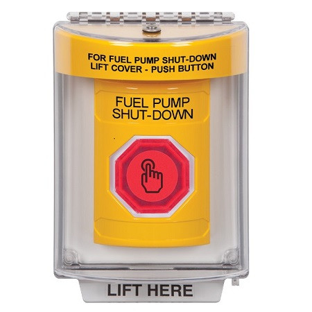 SS2237PS-EN STI Yellow Indoor/Outdoor Flush Weather Resistant Momentary (Illuminated) with Red Lens Stopper Station with FUEL PUMP SHUT DOWN Label English