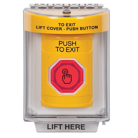 SS2237PX-EN STI Yellow Indoor/Outdoor Flush Weather Resistant Momentary (Illuminated) with Red Lens Stopper Station with PUSH TO EXIT Label English