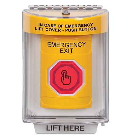 SS2247EX-EN STI Yellow Indoor/Outdoor Flush w/ Horn Weather Resistant Momentary (Illuminated) with Red Lens Stopper Station with EMERGENCY EXIT Label English