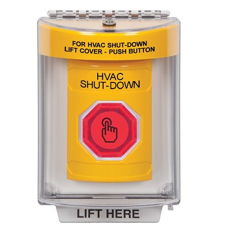 SS2247HV-EN STI Yellow Indoor/Outdoor Flush w/ Horn Weather Resistant Momentary (Illuminated) with Red Lens Stopper Station with HVAC SHUT DOWN Label English