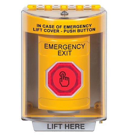 SS2277EX-EN STI Yellow Indoor/Outdoor Surface Weather Resistant Momentary (Illuminated) with Red Lens Stopper Station with EMERGENCY EXIT Label English