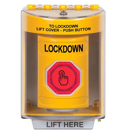 SS2277LD-EN STI Yellow Indoor/Outdoor Surface Weather Resistant Momentary (Illuminated) with Red Lens Stopper Station with LOCKDOWN Label English