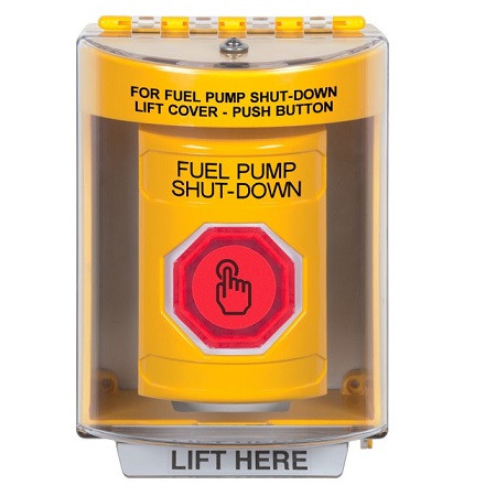 SS2277PS-EN STI Yellow Indoor/Outdoor Surface Weather Resistant Momentary (Illuminated) with Red Lens Stopper Station with FUEL PUMP SHUT DOWN Label English