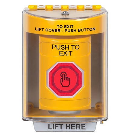 SS2277PX-EN STI Yellow Indoor/Outdoor Surface Weather Resistant Momentary (Illuminated) with Red Lens Stopper Station with PUSH TO EXIT Label English