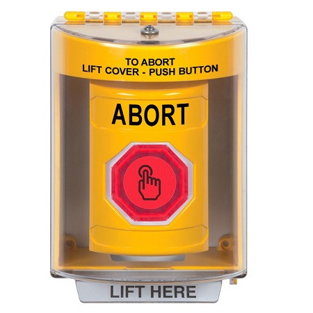 SS2287AB-EN STI Yellow Indoor/Outdoor Surface w/ Horn Weather Resistant Momentary (Illuminated) with Red Lens Stopper Station with ABORT Label English