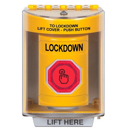 SS2287LD-EN STI Yellow Indoor/Outdoor Surface w/ Horn Weather Resistant Momentary (Illuminated) with Red Lens Stopper Station with LOCKDOWN Label English