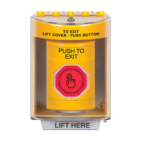 SS2287PX-EN STI Yellow Indoor/Outdoor Surface w/ Horn Weather Resistant Momentary (Illuminated) with Red Lens Stopper Station with PUSH TO EXIT Label English
