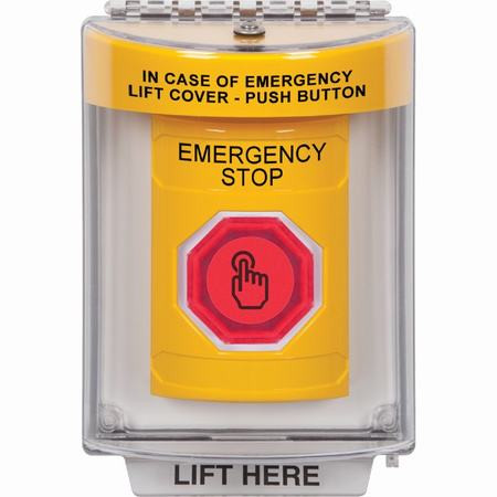 SS2236ES-EN STI Yellow Indoor/Outdoor Flush Momentary (Illuminated) with Red Lens Stopper Station with EMERGENCY STOP Label English
