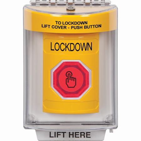 SS2236LD-EN STI Yellow Indoor/Outdoor Flush Momentary (Illuminated) with Red Lens Stopper Station with LOCKDOWN Label English