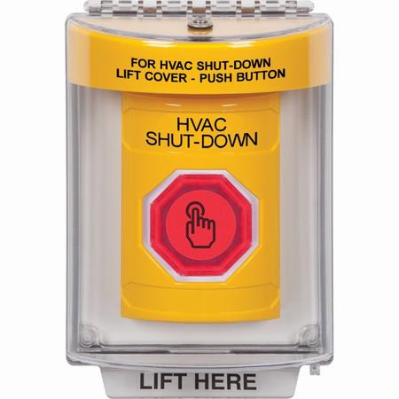 SS2246HV-EN STI Yellow Indoor/Outdoor Flush w/ Horn Momentary (Illuminated) with Red Lens Stopper Station with HVAC SHUT DOWN Label English